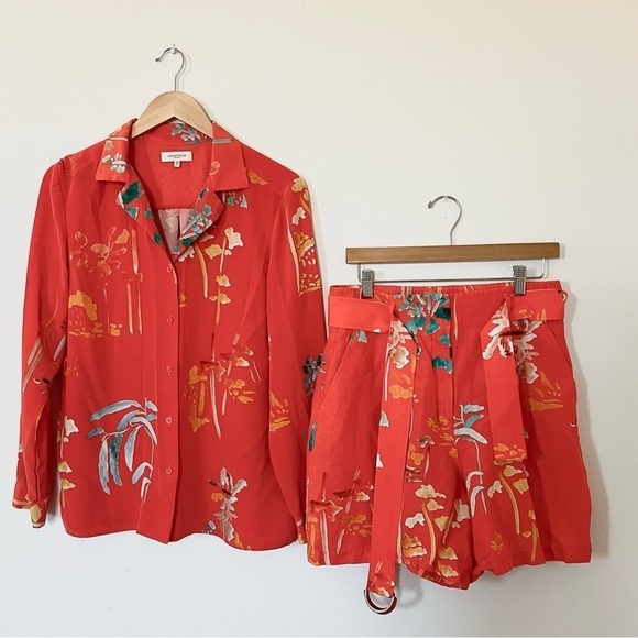 Lafayette 148 New York RIGBY BLOUSE IN OASIS PRINT SILK + Linen Shorts Set - Picture 4 of 13